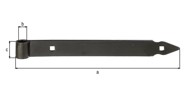 Zawias pasowy prosty z ozdobnym szpicem, materiał: stal surowa, powierzchnia: lakierowana na mokro, czarna, Długość: 295 mm, Średnica rolki: 14,5 mm, Szerokość: 30 mm, Grubość materiału: 4,00 mm, Liczba otworów: 2, Otwór: 9 x 9 mm, Polska