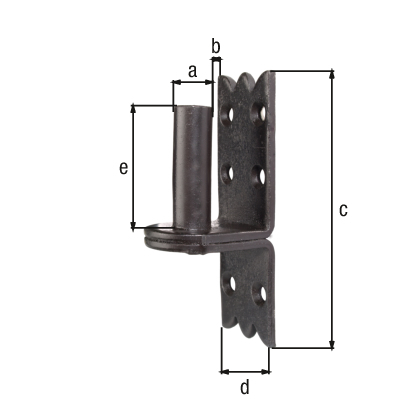 Skobel na płytce, typ DI, Zakończenie „Korona”, z wpuszczonymi otworami na śruby, materiał: stal surowa, powierzchnia: lakierowana na mokro, czarna, Rozmiar trzpienia-Ø: 14 mm, Odstęp trzpień – płyta: 15 mm, Wysokość płyty: 105 mm, Szerokość płyty: 35 mm, Długość trzpienia: 45 mm, Grubość materiału: 3,50 mm, Ilość otworów: 6, Otwór: Ø6 mm, Polska