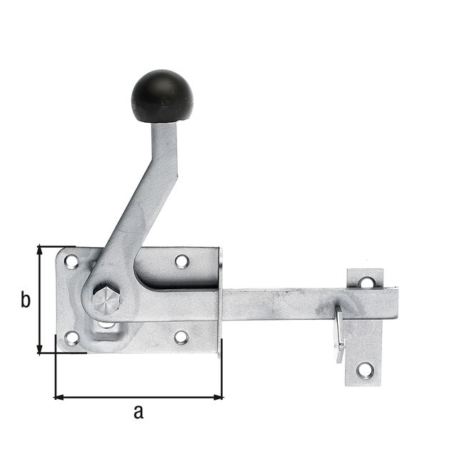 Garden gate latch, with countersunk screw holes, with door latch, Material: stainless steel, additionally shot blasted, Plate length: 80 mm, Plate width: 55 mm, No. of holes: 4 / 2, Hole: Ø5 mm Garden gate latch, with countersunk screw holes, with door latch, Material: stainless steel, additionally shot blasted, Plate length: 80 mm, Plate width: 55 mm, No. of holes: 4 / 2, Hole: Ø5 mm