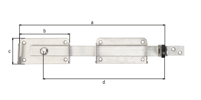 Catenaccio per cancelli a doppio battente, Materiale: acciaio inox, con pallinatura aggiuntiva, lunghezza totale: 327 mm, Lunghezza piastra: 118 mm, Larghezza piastra: 52 mm, Lunghezza catenaccio: 268 mm, Numero di fori: 8, Foro: Ø5,5 mm Catenaccio per cancelli a doppio battente, Materiale: acciaio inox, con pallinatura aggiuntiva, lunghezza totale: 327 mm, Lunghezza piastra: 118 mm, Larghezza piastra: 52 mm, Lunghezza catenaccio: 268 mm, Numero di fori: 8, Foro: Ø5,5 mm