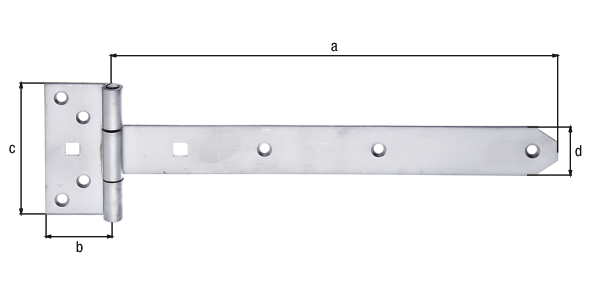 Tee hinge, with riveted pin, Material: stainless steel, Belt length: 292 mm, Hinge width: 44 mm, Hinge length: 92 mm, Belt width: 34 mm, Type: light, Material thickness: 3.00 mm, No. of holes: 7 / 2, Hole: Ø6.5 / 9 x 9 mm