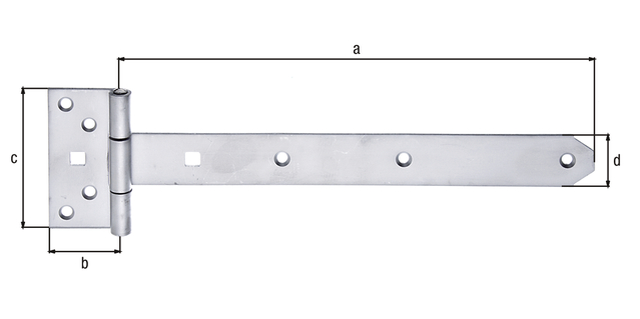 Kreuzgehänge, mit vernietetem Stift, Material: Edelstahl, Bandlänge: 292 mm, Scharnierbreite: 44 mm, Scharnierlänge: 92 mm, Bandbreite: 34 mm, Ausführung: leicht, Materialstärke: 3,00 mm, Anzahl Löcher: 7 / 2, Loch: Ø6,5 / 9 x 9 mm