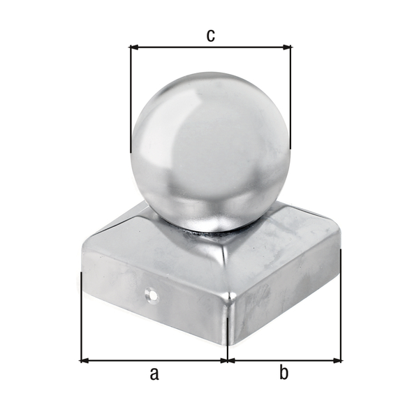 Capuchon de poteau pour poteaux en bois carré, avec boule, avec trous de vis fraisés, Matériau: Acier inoxydable, Longueur: 70 mm, Largeur: 70 mm, Ø de la bille: 60 mm