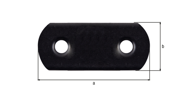 Flat connector rounded ends, with countersunk screw holes, Material: raw steel, Surface: galvanised, black powder-coated, Width: 16 mm, Length: 37 mm, Material thickness: 1.50 mm, No. of holes: 2, Hole: Ø4.5 mm, 15-year warranty against rusting through, CutCase Flat connector rounded ends, with countersunk screw holes, Material: raw steel, Surface: galvanised, black powder-coated, Width: 16 mm, Length: 37 mm, Material thickness: 1.50 mm, No. of holes: 2, Hole: Ø4.5 mm, 15-year warranty against rusting through, CutCase