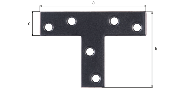 Flat connector T shaped, with countersunk screw holes, Material: raw steel, Surface: galvanised, black powder-coated, Length: 70 mm, Height: 50 mm, Width: 16 mm, Material thickness: 2.00 mm, No. of holes: 6, Hole: Ø3.8 mm, 15-year warranty against rusting through, CutCase Flat connector T shaped, with countersunk screw holes, Material: raw steel, Surface: galvanised, black powder-coated, Length: 70 mm, Height: 50 mm, Width: 16 mm, Material thickness: 2.00 mm, No. of holes: 6, Hole: Ø3.8 mm, 15-year warranty against rusting through, CutCase