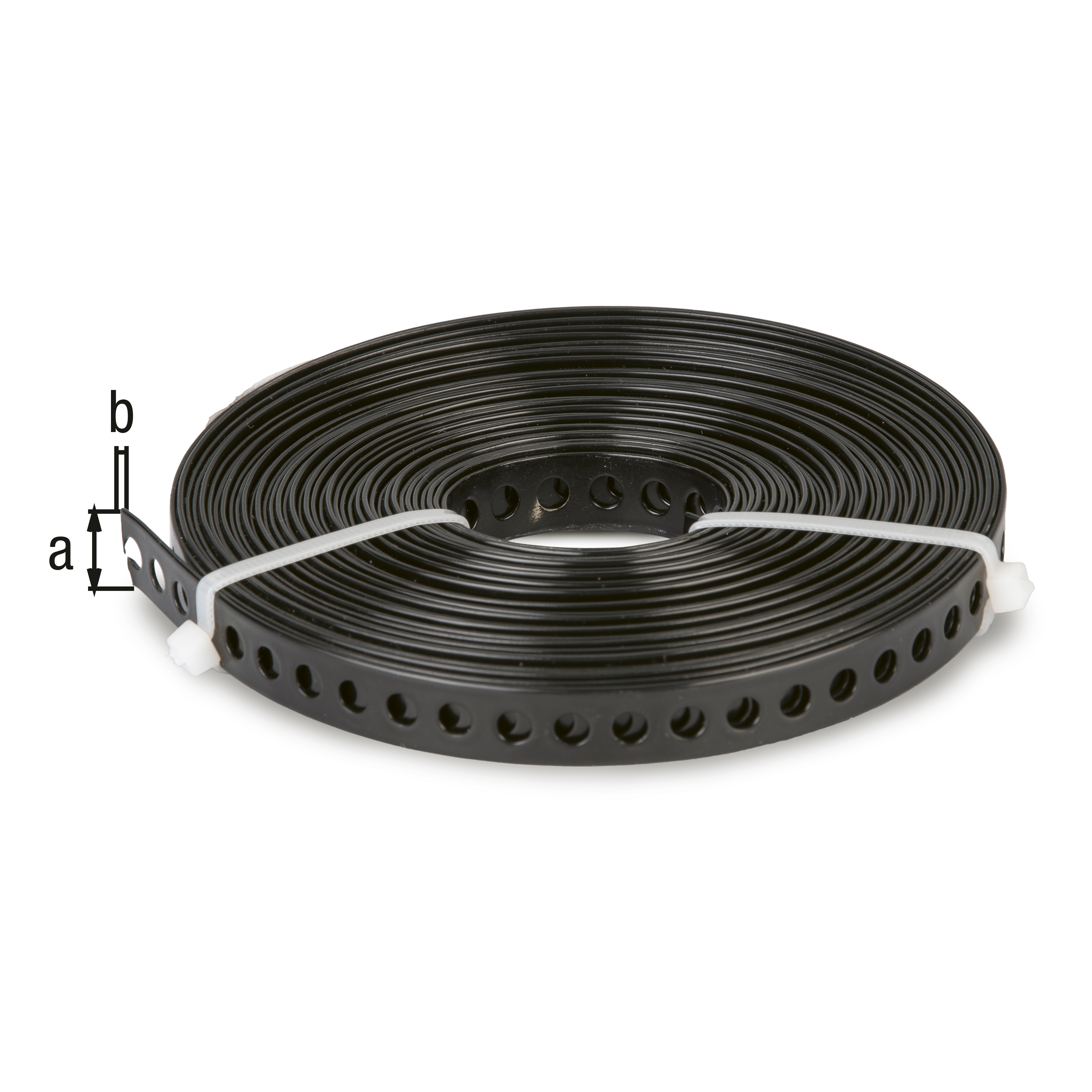 Cinta perforada, Material: Acero crudo, Superficie: galvanizado, recubrimiento plástico en negro, Anchura: 12 mm, Distancia del centro hasta el centro del agujero : 8 mm, Longitud: 10 m, Espesura del material: 0,80 mm, 15 años de garantía contra la corrosión Cinta perforada, Material: Acero crudo, Superficie: galvanizado, recubrimiento plástico en negro, Anchura: 12 mm, Distancia del centro hasta el centro del agujero : 8 mm, Longitud: 10 m, Espesura del material: 0,80 mm, 15 años de garantía contra la corrosión