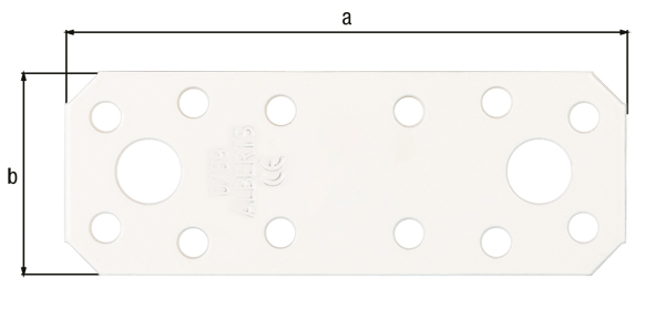 Flachverbinder, Material: Stahl roh, Oberfläche: verzinkt, weiß kunststoffbeschichtet, mit Kennzeichnung nach EN 14545, Länge: 96 mm, Breite: 35 mm, Materialstärke: 2,50 mm, Anzahl Löcher: 2 / 12, Loch: Ø11 / Ø5 mm, CutCase