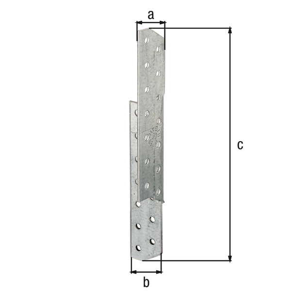Rafter purlin anchor, Material: raw steel, Surface: sendzimir galvanised, left, with CE marking in accordance with ETA-08/0170, Width: 32 mm, Depth: 32 mm, Height: 210 mm, Material thickness: 2.00 mm, No. of holes: 28, Hole: Ø5 mm, CutCase
