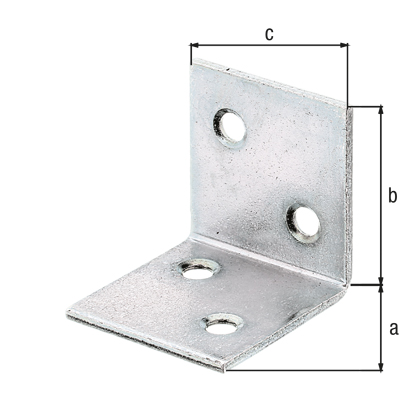 Wide angle bracket, equal sided, with countersunk screw holes, Material: raw steel, Surface: sendzimir galvanised, Depth: 30 mm, Height: 30 mm, Width: 30 mm, Material thickness: 2.00 mm, No. of holes: 4, Hole: Ø5 mm, CutCase Wide angle bracket, equal sided, with countersunk screw holes, Material: raw steel, Surface: sendzimir galvanised, Depth: 30 mm, Height: 30 mm, Width: 30 mm, Material thickness: 2.00 mm, No. of holes: 4, Hole: Ø5 mm, CutCase
