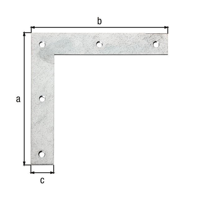 Flat angle bracket, with countersunk screw holes, Material: raw steel, Surface: sendzimir galvanised, Height: 120 mm, Length: 120 mm, Width: 20 mm, Material thickness: 1.50 mm, No. of holes: 5, Hole: Ø4.4 mm, CutCase Flat angle bracket, with countersunk screw holes, Material: raw steel, Surface: sendzimir galvanised, Height: 120 mm, Length: 120 mm, Width: 20 mm, Material thickness: 1.50 mm, No. of holes: 5, Hole: Ø4.4 mm, CutCase