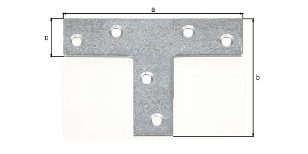 Lastrina di giunzione piana, forma a T, con fori per viti incassate, Materiale: acciaio grezzo, superficie: zincata sendzimir, lunghezza: 70 mm, altezza: 50 mm, Larghezza: 16 mm, Spessore del materiale: 2,00 mm, Numero di fori: 6, Foro: Ø3,8 mm, CutCase