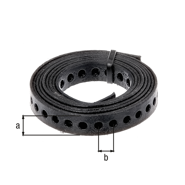 Nastro forato, Materiale: acciaio grezzo, superficie: zincata, plastificata nera, Larghezza: 12 mm, distanza centro - centro foro: 8 mm, Lunghezza: 1,5 m, Spessore del materiale: 0,80 mm, Perforazione-Ø: 5 mm