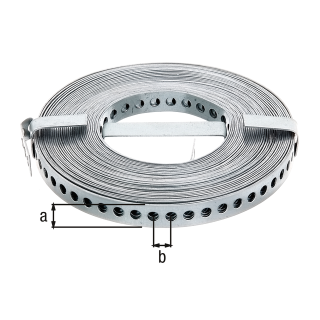 Nastro forato, Materiale: acciaio grezzo, superficie: zincata sendzimir, Larghezza: 12 mm, distanza centro - centro foro: 8 mm, Lunghezza: 10 m, Spessore del materiale: 0,80 mm, Perforazione-Ø: 5 mm Nastro forato, Materiale: acciaio grezzo, superficie: zincata sendzimir, Larghezza: 12 mm, distanza centro - centro foro: 8 mm, Lunghezza: 10 m, Spessore del materiale: 0,80 mm, Perforazione-Ø: 5 mm
