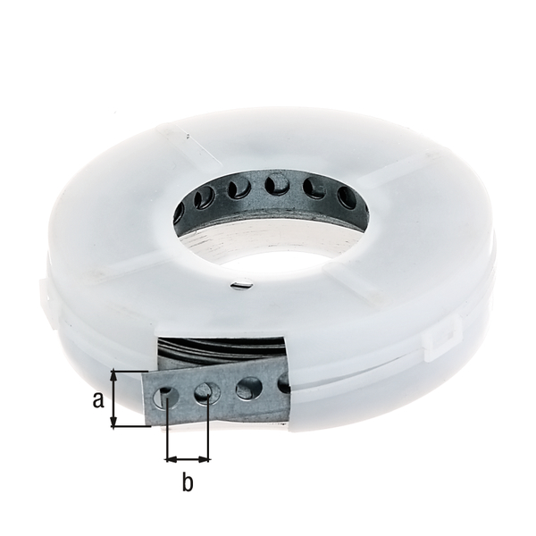 Cinta perforada, Material: Acero crudo, Superficie: acero galvanizado Sendzimir, en chasis de desenrollamiento, Anchura: 12 mm, Distancia del centro hasta el centro del agujero : 8 mm, Longitud: 3 m, Espesura del material: 0,80 mm