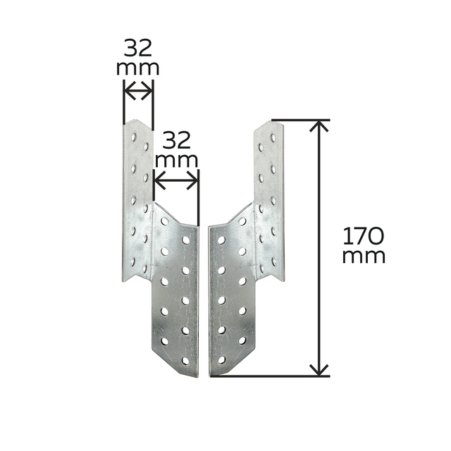 Escuadra asimétrica, Material: Acero crudo, Superficie: acero galvanizado Sendzimir, derecha e izquierda, con distintivo CE conforme a ETA-08/0170, Anchura: 32 mm, Profundidad: 32 mm, Altura: 170 mm, Espesura del material: 2,00 mm, Número de agujeros: 20, Perforación: Ø5 mm Escuadra asimétrica, Material: Acero crudo, Superficie: acero galvanizado Sendzimir, derecha e izquierda, con distintivo CE conforme a ETA-08/0170, Anchura: 32 mm, Profundidad: 32 mm, Altura: 170 mm, Espesura del material: 2,00 mm, Número de agujeros: 20, Perforación: Ø5 mm