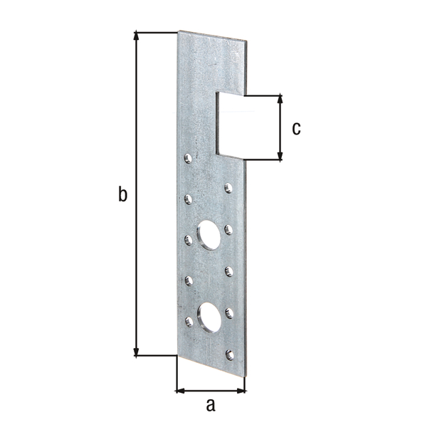 Ancoraggio HE, Materiale: acciaio grezzo, superficie: zincata sendzimir, Larghezza: 40 mm, altezza: 160 mm, Altezza della guida: 30 mm, Spessore del materiale: 3,00 mm, Numero di fori: 2 / 10, Foro: Ø14 / Ø4,5 mm, progettato per sezioni standard di legno massiccio da costruzione (KVH) e legno lamellare (BS), CutCase