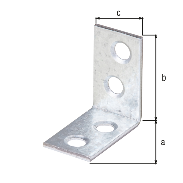 Corner brace, with countersunk screw holes on both sides, Material: raw steel, Surface: sendzimir galvanised, Depth: 25 mm, Height: 25 mm, Width: 14 mm, Material thickness: 1.50 mm, No. of holes: 4, Hole: Ø4.5 mm, CutCase Corner brace, with countersunk screw holes on both sides, Material: raw steel, Surface: sendzimir galvanised, Depth: 25 mm, Height: 25 mm, Width: 14 mm, Material thickness: 1.50 mm, No. of holes: 4, Hole: Ø4.5 mm, CutCase
