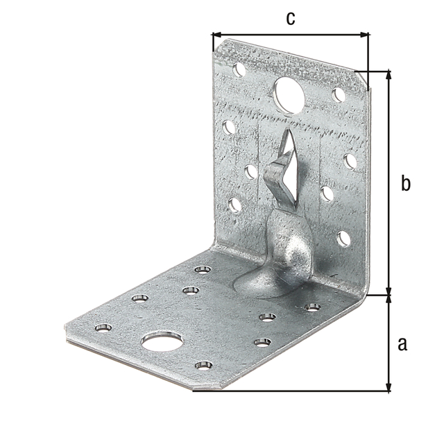 Winkelverbinder mit Sicke und Fixierkralle zum Einschlagen, Material: Stahl roh, Oberfläche: sendzimirverzinkt, Tiefe: 70 mm, Höhe: 70 mm, Breite: 55 mm, Materialstärke: 2,00 mm, Anzahl Löcher: 2 / 16, Loch: Ø11 / Ø4,5 mm, CutCase