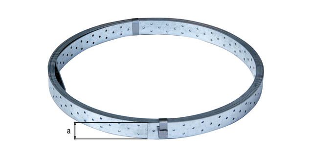 Cinta perforada, Material: Acero crudo, Superficie: acero galvanizado Sendzimir, con distintivo conforme a EN 14545, Anchura: 40 mm, Longitud: 50 m, Espesura del material: 1,50 mm, Perforación: Ø5 mm Cinta perforada, Material: Acero crudo, Superficie: acero galvanizado Sendzimir, con distintivo conforme a EN 14545, Anchura: 40 mm, Longitud: 50 m, Espesura del material: 1,50 mm, Perforación: Ø5 mm