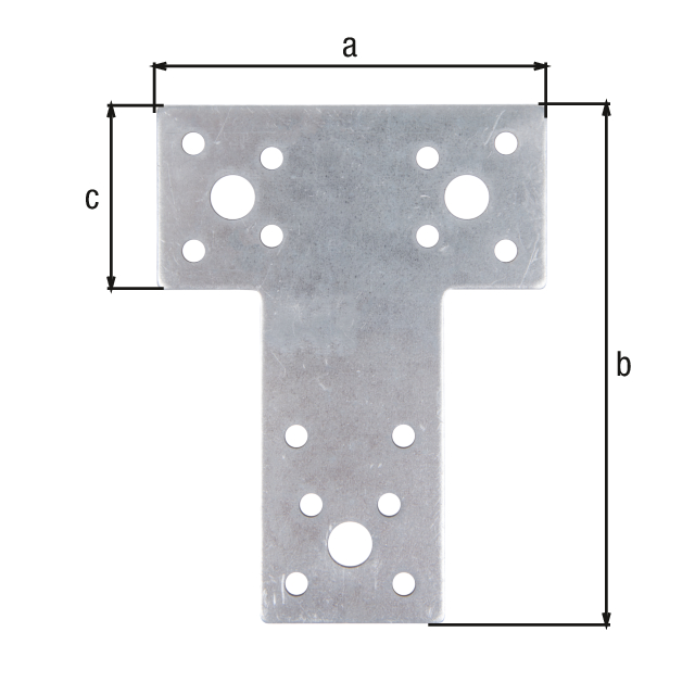 Flachverbinder, T-Form, Material: Stahl roh, Oberfläche: sendzimirverzinkt, Länge: 80 mm, Höhe: 106 mm, Breite: 38 mm, Materialstärke: 2,00 mm, Anzahl Löcher: 4 / 20, Loch: Ø11 / Ø5 mm