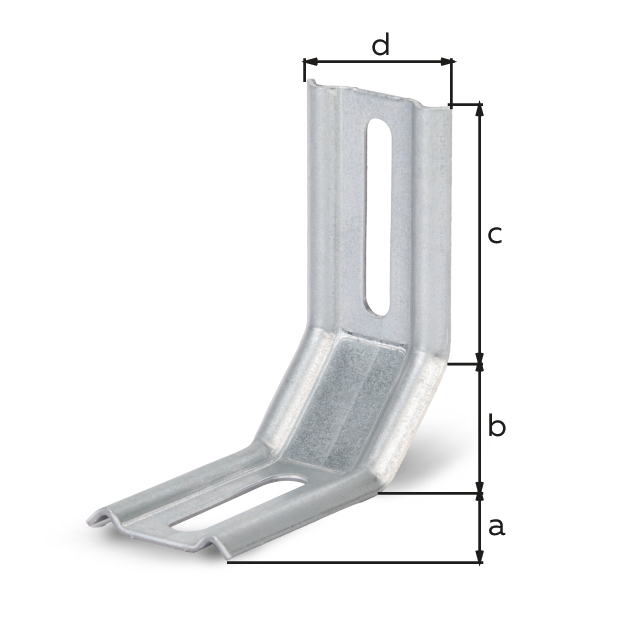 Équerre réglable 3 pans - 2 angles 45°, Matériau: Acier brut, Finition: galvanisée Sendzimir, Profondeur: 50 mm, Cuisse: 30 mm, Hauteur: 50 mm, Largeur: 32 mm, Épaisseur du matériau: 1,50 mm, Nombre de trous: 1 / 1, Trou: 8 x 40 / 6,5 x 40 mm, CutCase