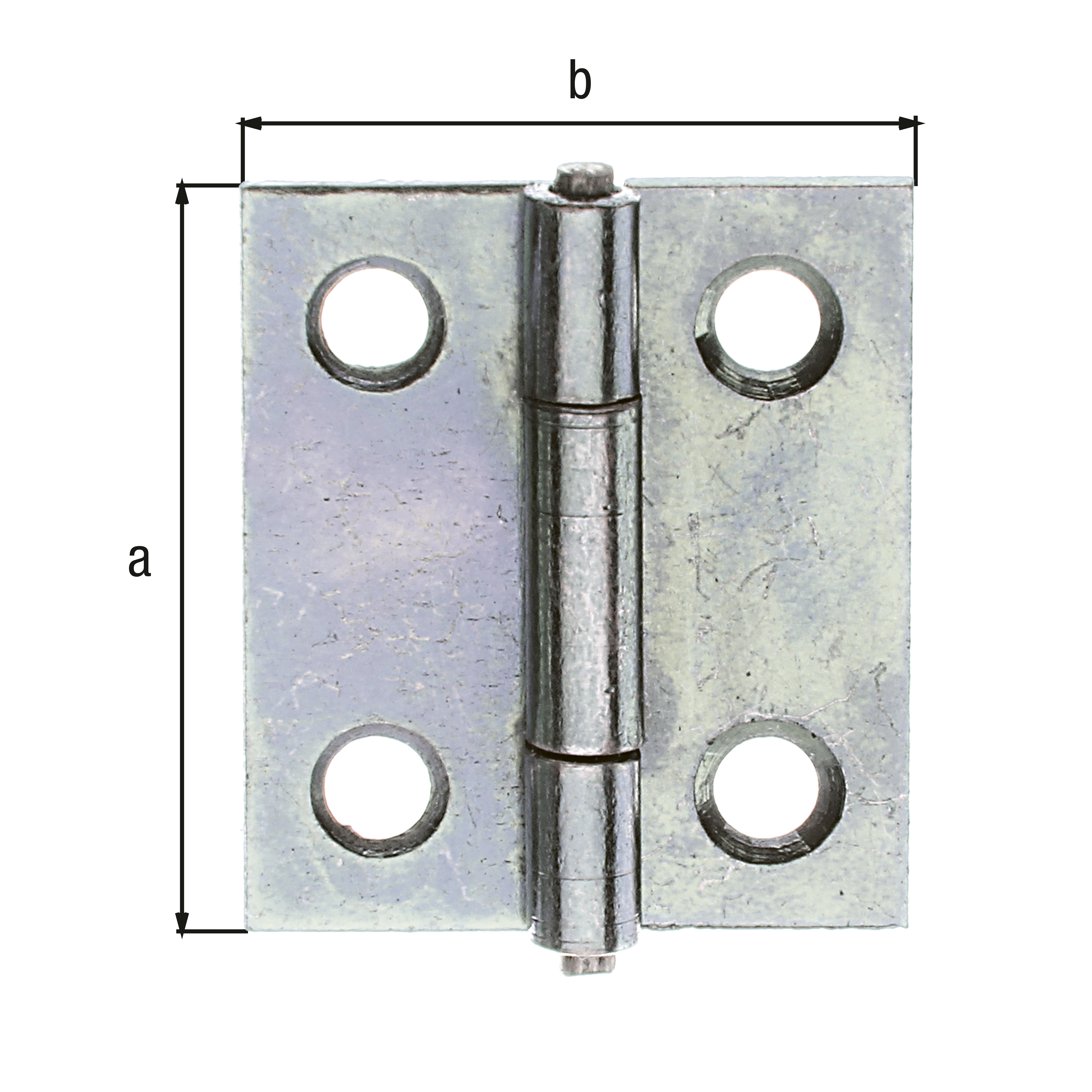 Hinge, narrow, with countersunk screw holes, Material: raw steel, Surface: yellow galvanised, with riveted stainless steel pin, Length: 25.5 mm, Width: 22 mm, Type: rolled, Material thickness: 0.75 mm, No. of holes: 4, Hole: Ø3 mm Hinge, narrow, with countersunk screw holes, Material: raw steel, Surface: yellow galvanised, with riveted stainless steel pin, Length: 25.5 mm, Width: 22 mm, Type: rolled, Material thickness: 0.75 mm, No. of holes: 4, Hole: Ø3 mm
