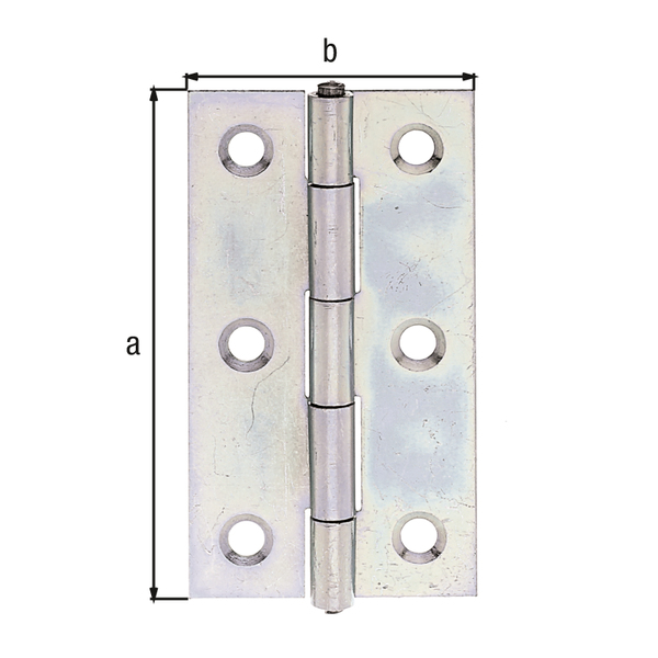 Scharnier, schmal, mit versenkten Schraublöchern, Material: Stahl roh, Oberfläche: sendzimirverzinkt, mit vernietetem Edelstahlstift, Länge: 60 mm, Breite: 34 mm, Ausführung: gerollt, Materialstärke: 1,00 mm, Anzahl Löcher: 6, Loch: Ø4,3 mm