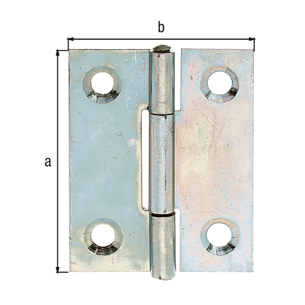Hinge, medium, with riveted stainless steel pin, with countersunk screw holes, Material: raw steel, Surface: sendzimir galvanised, Length: 41 mm, Width: 32.9 mm, Type: rolled, Material thickness: 1.00 mm, No. of holes: 4, Hole: Ø4.7 mm Hinge, medium, with riveted stainless steel pin, with countersunk screw holes, Material: raw steel, Surface: sendzimir galvanised, Length: 41 mm, Width: 32.9 mm, Type: rolled, Material thickness: 1.00 mm, No. of holes: 4, Hole: Ø4.7 mm