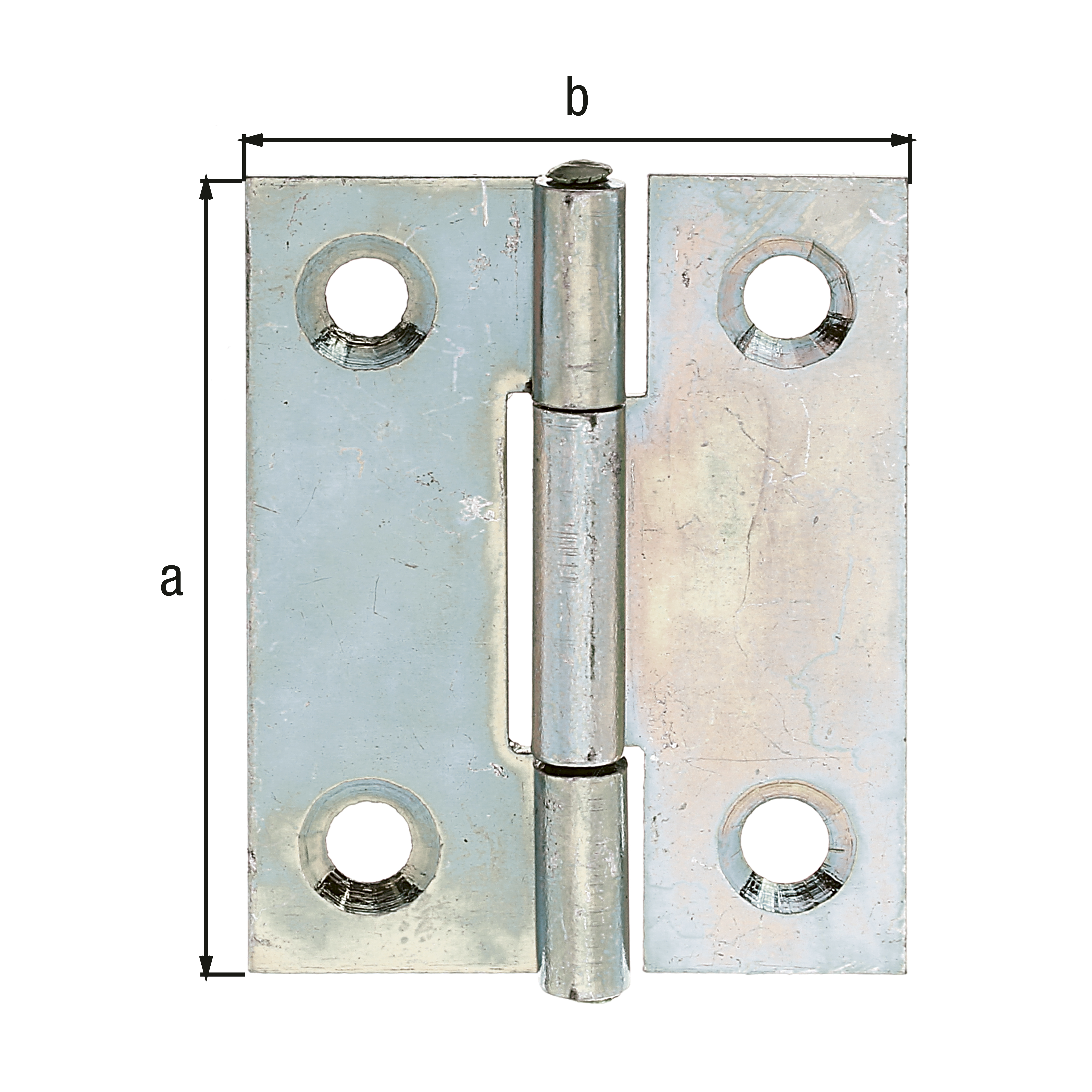Hinge, medium, with riveted stainless steel pin, with countersunk screw holes, Material: raw steel, Surface: sendzimir galvanised, Length: 41 mm, Width: 32.9 mm, Type: rolled, Material thickness: 1.00 mm, No. of holes: 4, Hole: Ø4.7 mm Hinge, medium, with riveted stainless steel pin, with countersunk screw holes, Material: raw steel, Surface: sendzimir galvanised, Length: 41 mm, Width: 32.9 mm, Type: rolled, Material thickness: 1.00 mm, No. of holes: 4, Hole: Ø4.7 mm