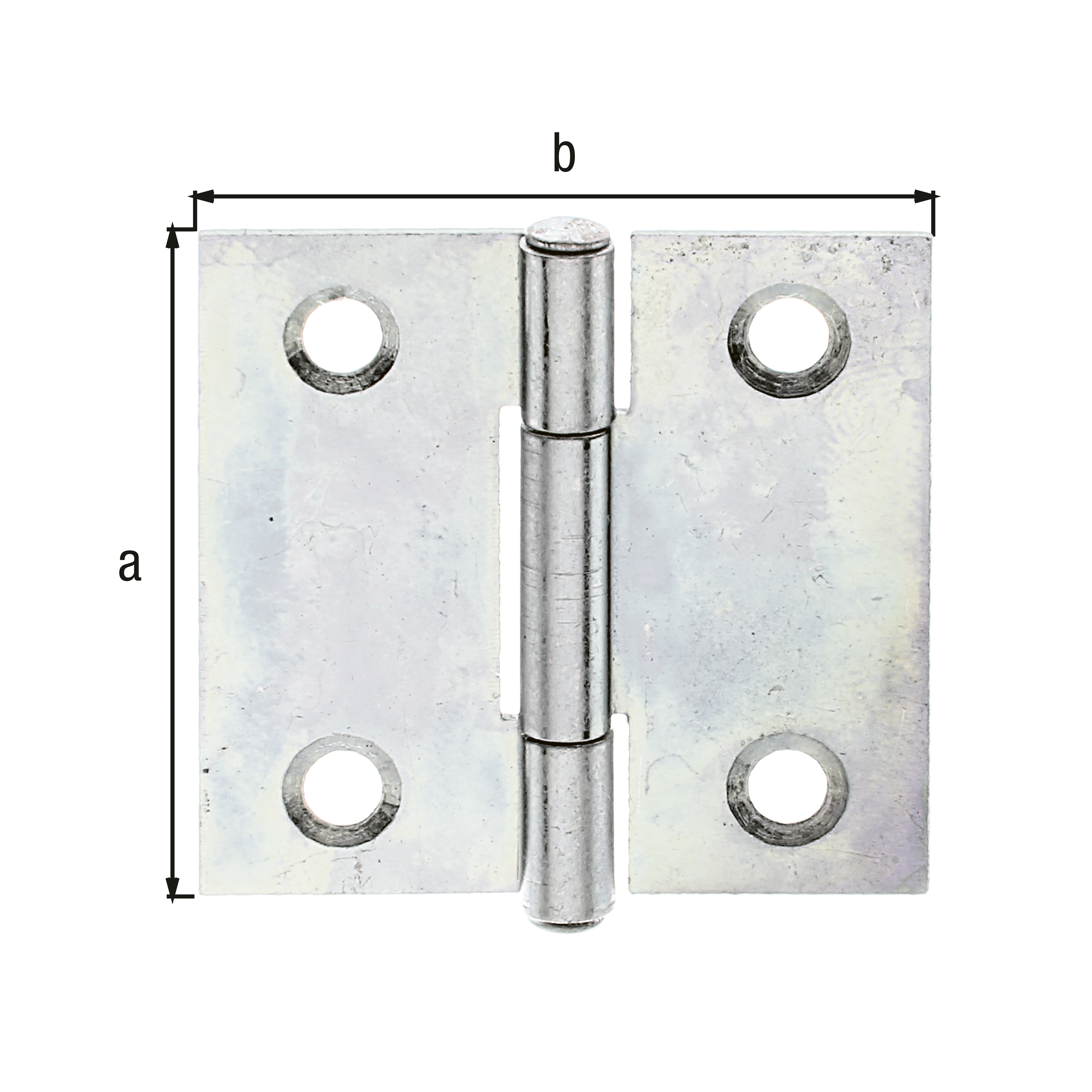 Scharnier, quadratisch, mit versenkten Schraublöchern, Material: Stahl roh, Oberfläche: sendzimirverzinkt, mit vernietetem Edelstahlstift, Länge: 31,5 mm, Breite: 31 mm, Ausführung: gerollt, Materialstärke: 0,75 mm, Anzahl Löcher: 4, Loch: Ø3,5 mm Scharnier, quadratisch, mit versenkten Schraublöchern, Material: Stahl roh, Oberfläche: sendzimirverzinkt, mit vernietetem Edelstahlstift, Länge: 31,5 mm, Breite: 31 mm, Ausführung: gerollt, Materialstärke: 0,75 mm, Anzahl Löcher: 4, Loch: Ø3,5 mm