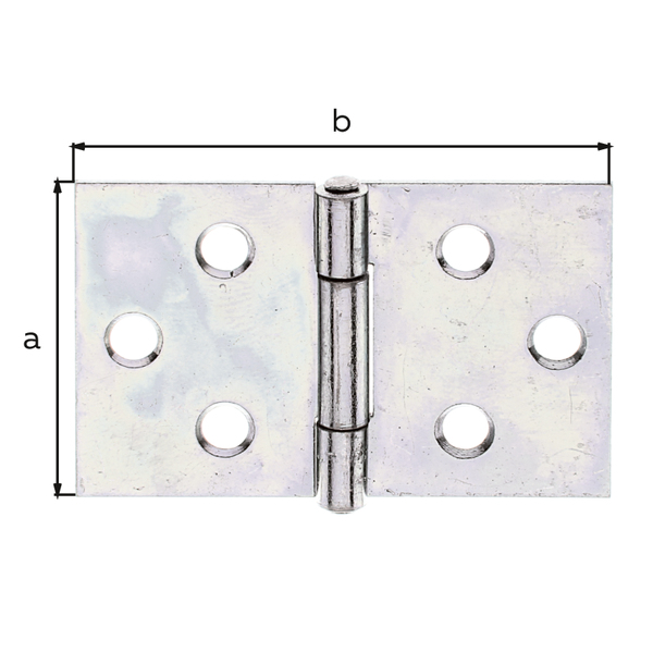 Hinge, wide, with riveted stainless steel pin, Material: raw steel, Surface: sendzimir galvanised, Length: 30 mm, Width: 47.5 mm, Type: rolled, Material thickness: 1.00 mm, No. of holes: 6, Hole: Ø4 mm