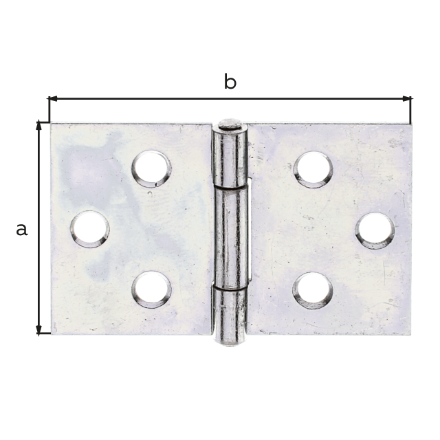 Scharnier, breit, mit vernietetem Edelstahlstift, Material: Stahl roh, Oberfläche: sendzimirverzinkt, Länge: 30 mm, Breite: 47,5 mm, Ausführung: gerollt, Materialstärke: 1,00 mm, Anzahl Löcher: 6, Loch: Ø4 mm Scharnier, breit, mit vernietetem Edelstahlstift, Material: Stahl roh, Oberfläche: sendzimirverzinkt, Länge: 30 mm, Breite: 47,5 mm, Ausführung: gerollt, Materialstärke: 1,00 mm, Anzahl Löcher: 6, Loch: Ø4 mm