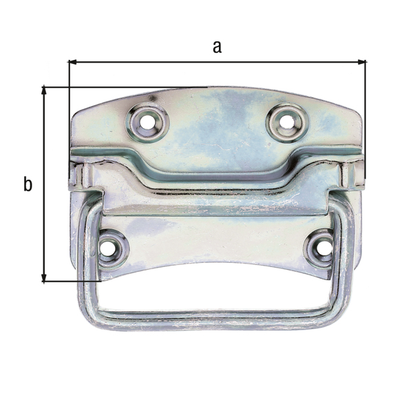 Kistengriff, mit versenkten Schraublöchern, Material: Stahl roh, Oberfläche: galvanisch verzinkt, Dickschichtschutz, Plattenbreite: 104 mm, Plattenhöhe: 80 mm, Tiefe: 12 mm, Materialstärke: 1,20 mm, Anzahl Löcher: 4, Loch: Ø5,3 mm