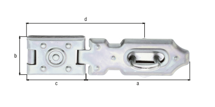 Chiusura di sicurezza, modello stampato, con fori rinforzati, Materiale: acciaio grezzo, superficie: galvanizzata, passivata a strato spesso, Lunghezza chiusura: 70 mm, Larghezza: 26 mm, Lunghezza piastra da avvitare: 35 mm, Distanza centro foro oblungo - centro del perno: 42 mm, Numero di fori: 1 / 4 / 2, Foro: 7 x 23,5 / Ø3 / Ø4 mm Chiusura di sicurezza, modello stampato, con fori rinforzati, Materiale: acciaio grezzo, superficie: galvanizzata, passivata a strato spesso, Lunghezza chiusura: 70 mm, Larghezza: 26 mm, Lunghezza piastra da avvitare: 35 mm, Distanza centro foro oblungo - centro del perno: 42 mm, Numero di fori: 1 / 4 / 2, Foro: 7 x 23,5 / Ø3 / Ø4 mm