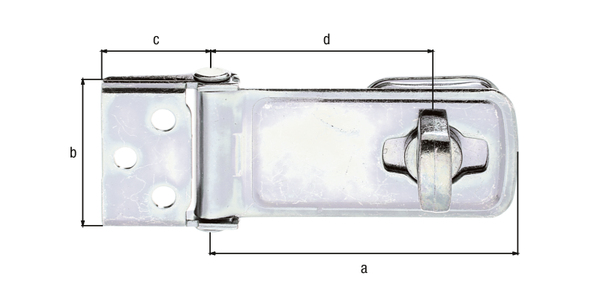 Security closing hasp, with blind screw holes, Material: raw steel, Surface: galvanised, thick-film passivated, Length of top latch: 85 mm, Width: 40 mm, Length of screw-on plate: 30 mm, Distance centre of slot - centre pin: 62 mm, Material thickness: 2.00 mm, No. of holes: 7, Hole: Ø6 mm Security closing hasp, with blind screw holes, Material: raw steel, Surface: galvanised, thick-film passivated, Length of top latch: 85 mm, Width: 40 mm, Length of screw-on plate: 30 mm, Distance centre of slot - centre pin: 62 mm, Material thickness: 2.00 mm, No. of holes: 7, Hole: Ø6 mm