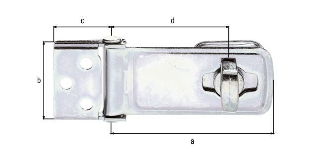 Security closing hasp, with blind screw holes, Material: raw steel, Surface: galvanised, thick-film passivated, Length of top latch: 85 mm, Width: 40 mm, Length of screw-on plate: 30 mm, Distance centre of slot - centre pin: 62 mm, Material thickness: 2.00 mm, No. of holes: 7, Hole: Ø6 mm