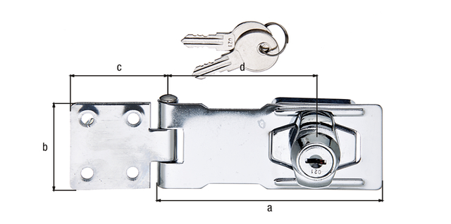 Sicherheits-Überfalle, abschließbar, mit versenkten Schraublöchern, mit verdeckten Schraublöchern, Material: Stahl roh, Oberfläche: chromatiert, Länge Überfalle: 100 mm, Breite: 41,5 mm, Länge Anschraubplatte: 40 mm, Abstand Mitte Langloch - Mitte Stift: 70 mm, Materialstärke: 1,75 mm, Anzahl Löcher: 4 / 4, Loch: Ø4,5 / Ø5 mm Sicherheits-Überfalle, abschließbar, mit versenkten Schraublöchern, mit verdeckten Schraublöchern, Material: Stahl roh, Oberfläche: chromatiert, Länge Überfalle: 100 mm, Breite: 41,5 mm, Länge Anschraubplatte: 40 mm, Abstand Mitte Langloch - Mitte Stift: 70 mm, Materialstärke: 1,75 mm, Anzahl Löcher: 4 / 4, Loch: Ø4,5 / Ø5 mm