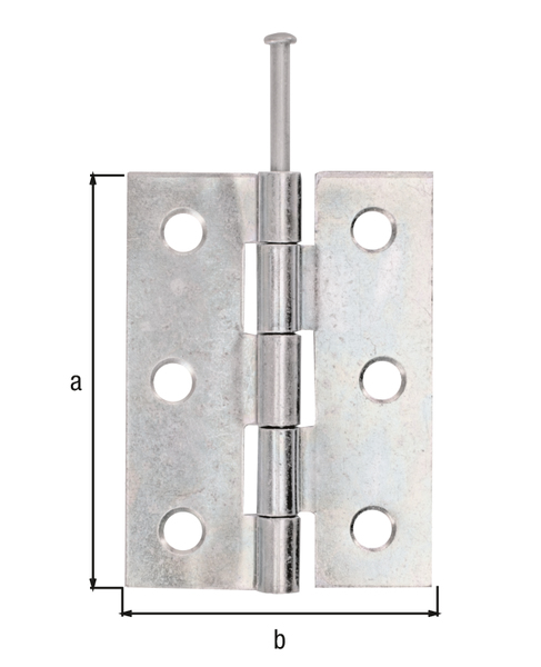 Cerniera modello semi-largo, con perno sfilabile in acciaio inox, con fori per viti incassate, Materiale: acciaio grezzo, superficie: zincata sendzimir, lunghezza: 63 mm, Larghezza: 45 mm, Modello: rullato, Spessore del materiale: 1,50 mm, Numero di fori: 6, Foro: Ø5,3 mm Cerniera modello semi-largo, con perno sfilabile in acciaio inox, con fori per viti incassate, Materiale: acciaio grezzo, superficie: zincata sendzimir, lunghezza: 63 mm, Larghezza: 45 mm, Modello: rullato, Spessore del materiale: 1,50 mm, Numero di fori: 6, Foro: Ø5,3 mm