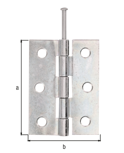 Cerniera modello semi-largo, con perno sfilabile in acciaio inox, con fori per viti incassate, Materiale: acciaio grezzo, superficie: zincata sendzimir, lunghezza: 63 mm, Larghezza: 45 mm, Modello: rullato, Spessore del materiale: 1,50 mm, Numero di fori: 6, Foro: Ø5,3 mm Cerniera modello semi-largo, con perno sfilabile in acciaio inox, con fori per viti incassate, Materiale: acciaio grezzo, superficie: zincata sendzimir, lunghezza: 63 mm, Larghezza: 45 mm, Modello: rullato, Spessore del materiale: 1,50 mm, Numero di fori: 6, Foro: Ø5,3 mm