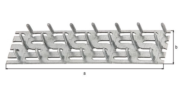 Piastra dentata, Materiale: acciaio grezzo, superficie: zincata sendzimir, da ancorare, lunghezza: 102 mm, Larghezza: 25 mm, Lunghezza dei chiodi: 8 mm, Spessore del materiale: 1,00 mm, CutCase