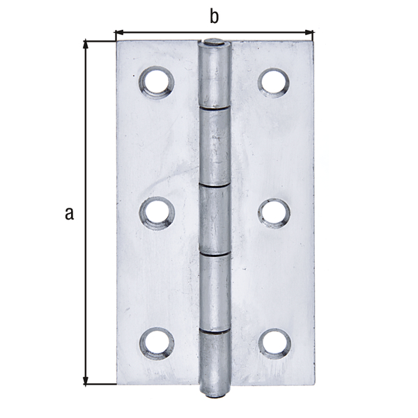 Hinge, narrow, with countersunk screw holes, Material: stainless steel, with riveted stainless steel pin, Length: 82 mm, Width: 44 mm, Type: rolled, Material thickness: 1.30 mm, No. of holes: 6, Hole: Ø5.2 mm