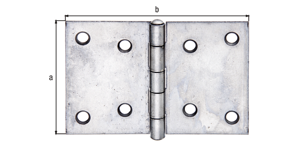 Scharnier, breit, mit vernietetem Edelstahlstift, Material: Edelstahl, Länge: 60 mm, Breite: 90 mm, Ausführung: gerollt, Materialstärke: 1,25 mm, Anzahl Löcher: 8, Loch: Ø5,4 mm