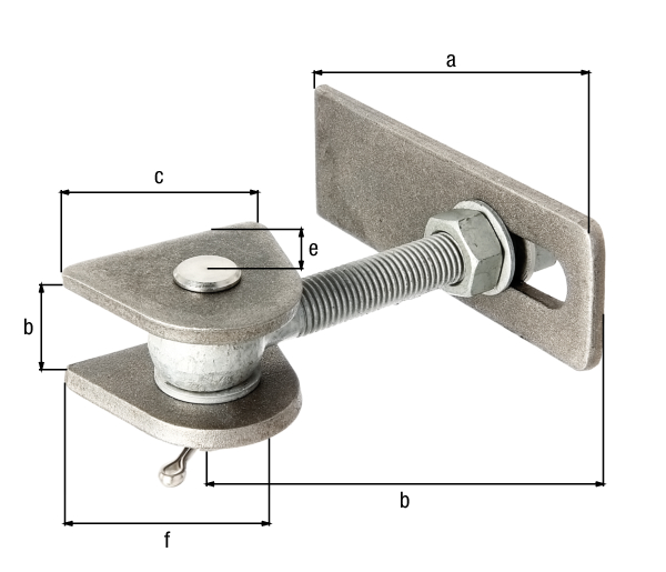 Gond réglable pour ouverture de 180°, long, Matériau: Pièces à souder : Acier brut, boulons et goupille : Acier inoxydable, Finition: vis et écrous : galvanisés à chaud, Longueur penture à souder: 170 mm, Distance patte à souder: 30 mm, Largeur patte à souder: 80 mm, Longueur boulon à œillet: 150 mm, Distance milieu boulon - fin patte à souder: 34 mm, Hauteur pièce à souder: 65 mm, Filetage: M20