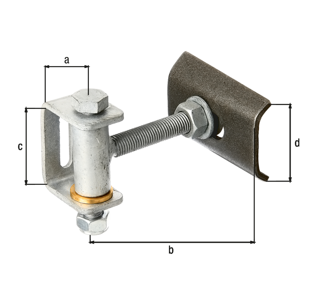 Pernio de pórtico para una apertura máxima 180°, regulable de tres niveles, Material: Atadero para soldar: acero crudo, Superficie: piezas restantes: galvanizadas en caliente, Soporte ancho para soldar: 35 mm, Distancia espárrago central - extremo del soporte soldado: 132 mm, Altura del estribo: 70 mm, Altura del soporte soldado: 70 mm, Longitud de la orejeta soldada: 136 mm, Roscado: M16, Carga máxima: 150 kg, Número de agujeros: 1, Perforación: 44 x 9 mm Pernio de pórtico para una apertura máxima 180°, regulable de tres niveles, Material: Atadero para soldar: acero crudo, Superficie: piezas restantes: galvanizadas en caliente, Soporte ancho para soldar: 35 mm, Distancia espárrago central - extremo del soporte soldado: 132 mm, Altura del estribo: 70 mm, Altura del soporte soldado: 70 mm, Longitud de la orejeta soldada: 136 mm, Roscado: M16, Carga máxima: 150 kg, Número de agujeros: 1, Perforación: 44 x 9 mm
