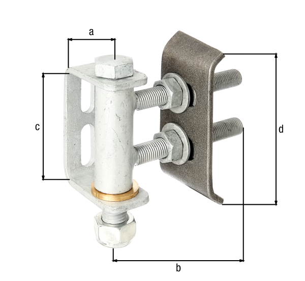 Gate hinge for 180° opening, adjustable in three levels, Material: weld-on plate: raw steel, Surface: remaining parts: hot-dip galvanised, Width of weld-on bracket: 38 mm, Distance centre pin - end of weld-on plate: 135 mm, eye height: 101 mm, Height of weld-on plate: 136 mm, Thread: M16, No. of holes: 2, Hole: 35 x 11 mm Gate hinge for 180° opening, adjustable in three levels, Material: weld-on plate: raw steel, Surface: remaining parts: hot-dip galvanised, Width of weld-on bracket: 38 mm, Distance centre pin - end of weld-on plate: 135 mm, eye height: 101 mm, Height of weld-on plate: 136 mm, Thread: M16, No. of holes: 2, Hole: 35 x 11 mm