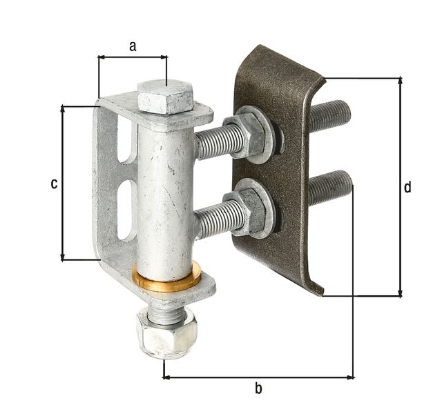 Gate hinge for 180° opening, adjustable in three levels, Material: weld-on plate: raw steel, Surface: remaining parts: hot-dip galvanised, Width of weld-on bracket: 38 mm, Distance centre pin - end of weld-on plate: 135 mm, eye height: 101 mm, Height of weld-on plate: 136 mm, Thread: M16, No. of holes: 2, Hole: 35 x 11 mm