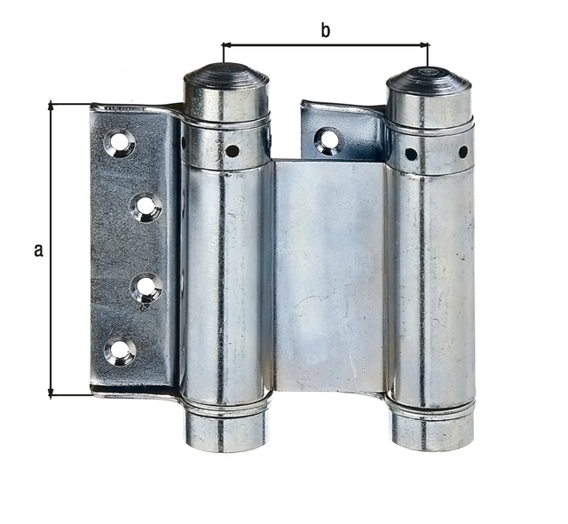 Bisagra para puertas vaivén, con agujeros para atornillar avellanados, Material: Acero crudo, Superficie: galvanizado, Contenido por U.P.: 1 Pieza, Altura: 76 mm, Distancia centro - centro del cojinete del muelle: 52 mm, Anchura: 29 mm, Distancia respecto a la pared: 34 mm, Número de agujeros: 8, Perforación: Ø4,3 mm, Embalado SB Bisagra para puertas vaivén, con agujeros para atornillar avellanados, Material: Acero crudo, Superficie: galvanizado, Contenido por U.P.: 1 Pieza, Altura: 76 mm, Distancia centro - centro del cojinete del muelle: 52 mm, Anchura: 29 mm, Distancia respecto a la pared: 34 mm, Número de agujeros: 8, Perforación: Ø4,3 mm, Embalado SB