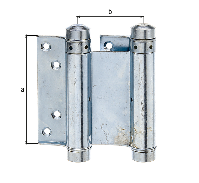 Swinging door hinge, with countersunk screw holes, Material: raw steel, Surface: blue galvanised, Contents per PU: 1 Piece, Height: 100 mm, Distance centre - centre of spring mounting: 53 mm, Width: 31 mm, Distance from wall: 36 mm, No. of holes: 8, Hole: Ø5.3 mm, Retail packaged Swinging door hinge, with countersunk screw holes, Material: raw steel, Surface: blue galvanised, Contents per PU: 1 Piece, Height: 100 mm, Distance centre - centre of spring mounting: 53 mm, Width: 31 mm, Distance from wall: 36 mm, No. of holes: 8, Hole: Ø5.3 mm, Retail packaged