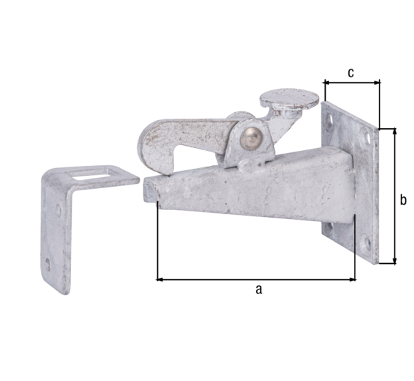 Gate stop for fixing on the wall, with countersunk screw holes, Material: raw steel, Surface: hot-dip galvanised, for screwing on, Depth: 100 mm, Height: 65 mm, Width: 50 mm, No. of holes: 4 / 2, Hole: Ø6 / Ø5.5 mm Gate stop for fixing on the wall, with countersunk screw holes, Material: raw steel, Surface: hot-dip galvanised, for screwing on, Depth: 100 mm, Height: 65 mm, Width: 50 mm, No. of holes: 4 / 2, Hole: Ø6 / Ø5.5 mm