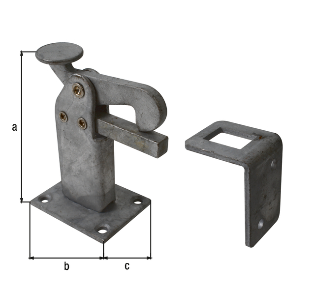 Gate stop for fixing on the ground, with countersunk screw holes, Material: raw steel, Surface: hot-dip galvanised, for screwing on, Height: 95 mm, Plate length: 65 mm, Plate width: 50 mm, No. of holes: 4 / 2, Hole: Ø6 / Ø5.5 mm Gate stop for fixing on the ground, with countersunk screw holes, Material: raw steel, Surface: hot-dip galvanised, for screwing on, Height: 95 mm, Plate length: 65 mm, Plate width: 50 mm, No. of holes: 4 / 2, Hole: Ø6 / Ø5.5 mm